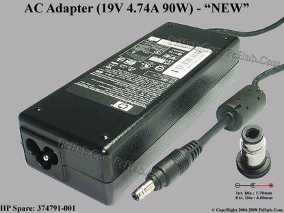 Picture of HP Common Item (HP) AC Adapter- Laptop 374791-001, 19V 4.74A, Tip T, NEW