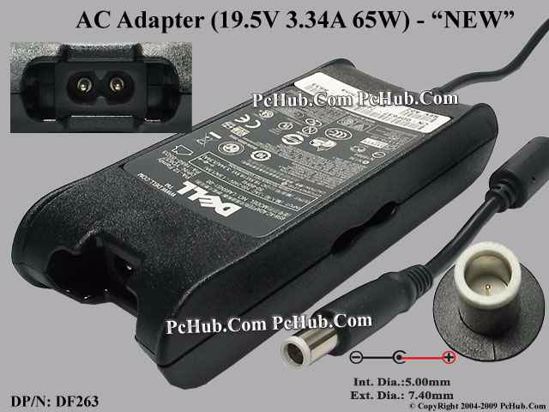 Dell Common Item (Dell) AC Adapter- Laptop 19.5V 3.34A, 7.4/5.0mm With Pin,  2-Prong, New