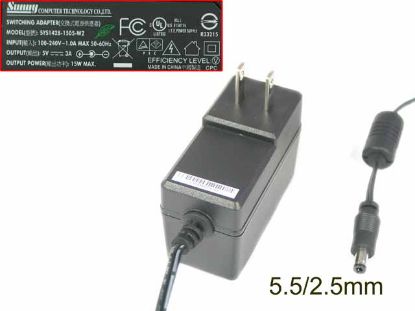 Picture of Sunny SYS1428-1505-W2 AC Adapter 5V-12V 5V 3A, 5.5/2.5mm, US 2P