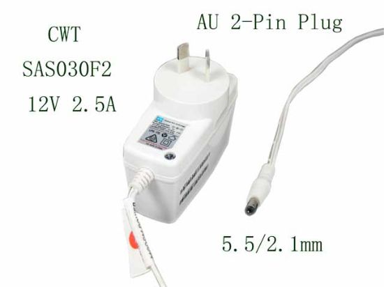 Picture of CWT / Channel Well Technology SAS030F2 AC Adapter 5V-12V 12V 2.5A, 5.5/2.1mm, AU 2P Plug