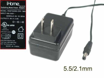 Picture of iHome RD0752000-C55-1MG AC Adapter 5V-12V 7.5V 2.0A, Barrel 5.5/2.1mm, US 2-Pin Plug