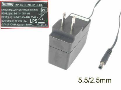 Picture of Sunny SYS1196-0605-W2 AC Adapter 5V-12V 5V 1A, 5.5/2.5mm, US 2P Plug
