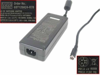 Picture of Mean WellGST120A24 AC Adapter 20V & Above 24V 5A, 4-Pin Din, IEC C14