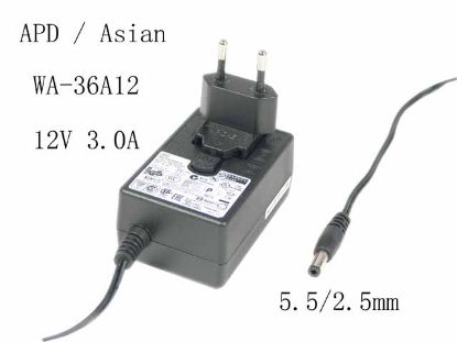 Picture of APD / Asian Power Devices WA-36A12 AC Adapter 5V-12V 12V 3.0A, Barrel 5.5/2.5mm, EU 2-Pin Plug
