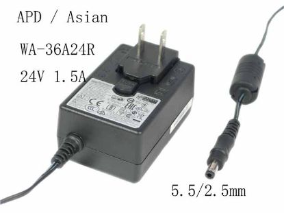 Picture of APD / Asian Power Devices WA-36A24R 24V 1.5A, Barrel 5.5/2.5mm, US 2-Pin Plug, NEW