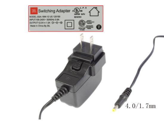 Picture of Other Brands JBL AC Adapter 5V-12V 12V 1.5A, 4.0/1.7mm, US 2P Plug, New