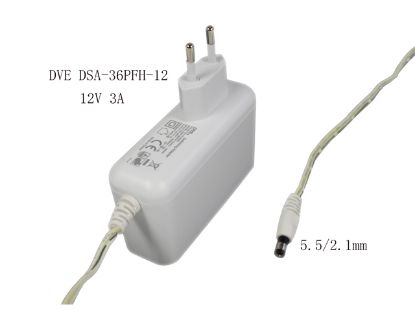 Picture of DVE DSA-36PFH-12 AC Adapter 5V-12V 12V 3A, 5.5/2.1mm, EU 2P Plug, White