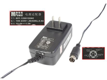 Picture of Mass Power EFF-1200150HC AC Adapter 5V-12V 12V 1.5A, 4-Pin Din, US 2P Plug