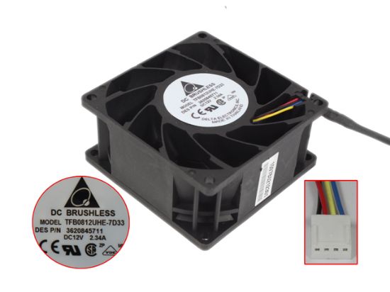 Picture of Delta Electronics TFB0812UHE Server - Square Fan -7D33, sq80x80x38mm, DC 12V 2.34A, 4-wire