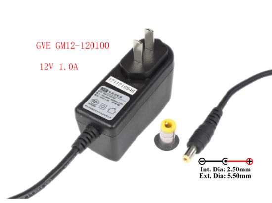 Picture of GVE GM12-120100 AC Adapter- Laptop 12V 1.0A, Barrel 5.5/2.5mm, US 2-Pin Plug