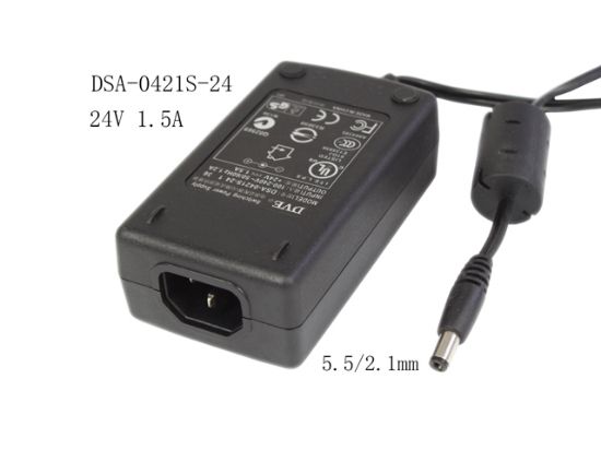 Picture of DVE DSA-0421S-24 AC Adapter 20V & Above 24V 1.5A, 5.5/2.1mm, C14, New