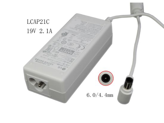 Picture of LG AC Adapter (LG) AC Adapter- Laptop LCAP21C, 19V 2.1A, 6.0/4.4mm  WP, 3P, White, New