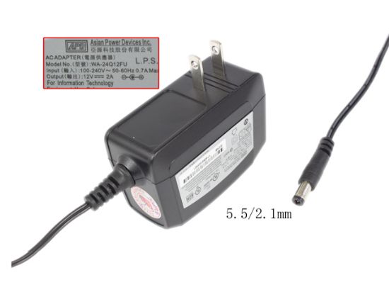 Picture of APD / Asian Power Devices WA-24Q12FU AC Adapter 5V-12V 12V 2A, 5.5/2.1mm, US 2P Plug, New