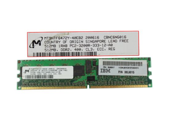 Picture of Micron MT9HTF6472Y-40EB2 Server DDR2-400 512MB, DDR2-400, ECC, PC2-3200R, MT9HTF6472Y-40EB2