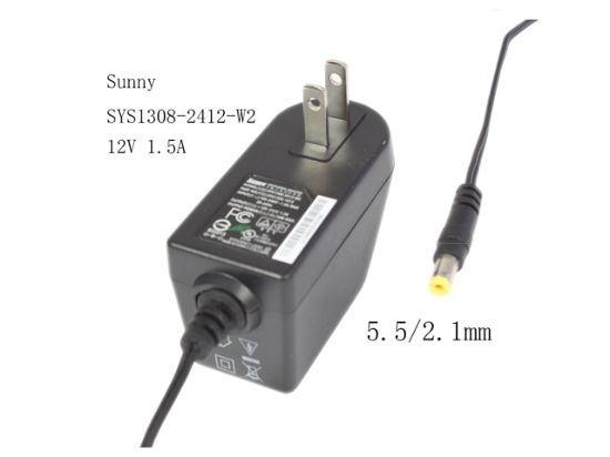 Picture of Sunny SYS1308-2412-W2 AC Adapter 5V-12V 12V 1.5A, 5.5/2.1mm, US 2P Plug, New