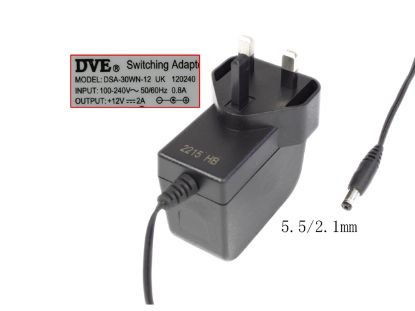 Picture of DVE DSA-30WN-12 AC Adapter 5V-12V 12V 2A, 5.5/2.1mm, UK 3P
