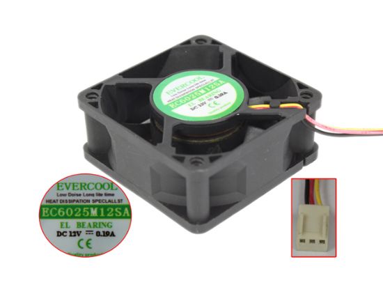 Picture of EverCool EC6025M12SA Server - Square Fan 12V0.19A, sq60x60x25mm, 100x3Wx3P