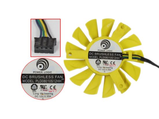 Picture of Power Logic PLD08010S12HH Server - Frameless / GPU Fan 12V 0.35A, W100x4x4, D75xC52, Yellow