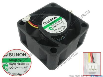 Picture of SUNON HA40201V4-0000-C99,   Server - Square Fan 12V 0.6W, sq40x40x20mm 3-wire 3-pin