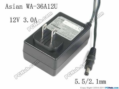Picture of APD / Asian Power Devices WA-36A12U AC Adapter 5V-12V 12V 3.0A, Barrel 5.5/2.1mm, US 2-Pin Plug