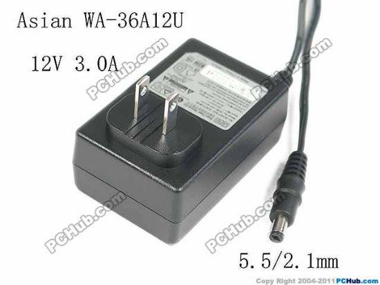 Picture of APD / Asian Power Devices WA-36A12U AC Adapter 5V-12V 12V 3.0A, Barrel 5.5/2.1mm, US 2-Pin Plug