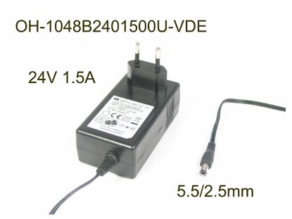 Picture of Other Brands OH-1048B2401500U-VDE AC Adapter, 24V 1.5A, Barrel 5.5/2.5mm, EU 2-Pin Plug