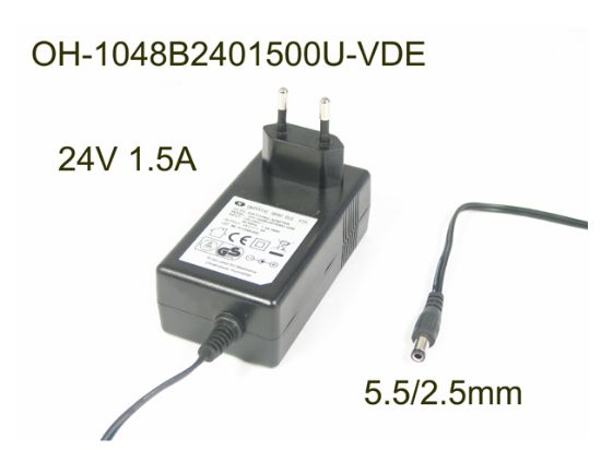 Picture of Other Brands OH-1048B2401500U-VDE AC Adapter, 24V 1.5A, Barrel 5.5/2.5mm, EU 2-Pin Plug