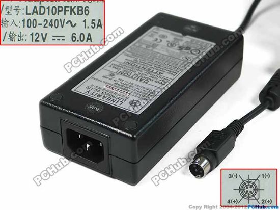 Picture of Linearity LAD10PFKB6 AC Adapter 5V-12V 12V 6A, 4-Pin P1&4=V+, C14