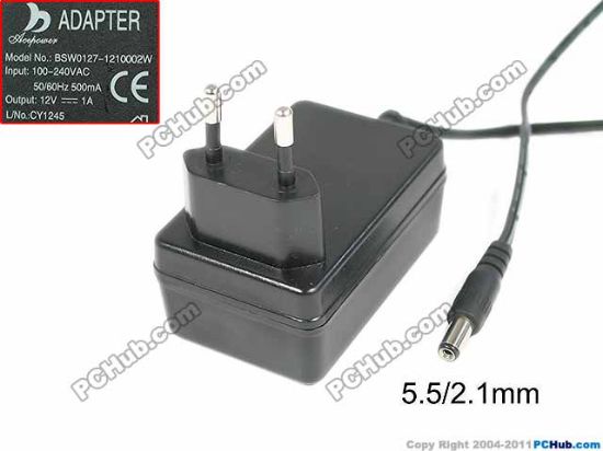 Picture of PCH OEM Power AC Adapter - Compatible 12V 1A, Barrel 5.5/2.1mm, EU 2-Pin Plug