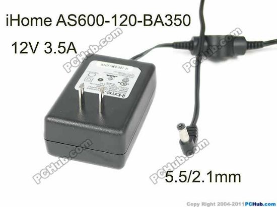 Picture of iHome AS600-120-BA350 AC Adapter 5V-12V 12V 3.5A, 5.5/2.1mm, US 2P Plug