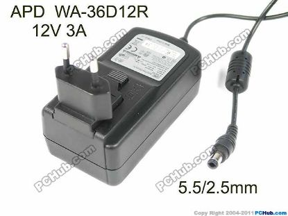 Picture of APD / Asian Power Devices WA-36D12R AC Adapter 5V-12V 12V 3A, 5.5/2.5mm, EU 2P Plug, New