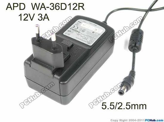 Picture of APD / Asian Power Devices WA-36D12R AC Adapter 5V-12V 12V 3A, 5.5/2.5mm, EU 2P Plug, New