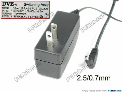 Picture of DVE DSA-12PFA-05 AC Adapter 5V-12V 5V 2A, Barrel 2.5/0.7mm, US 2-Pin Plug