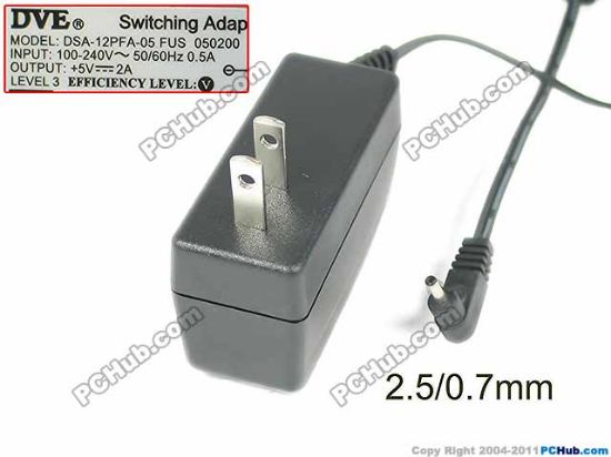 Picture of DVE DSA-12PFA-05 AC Adapter 5V-12V 5V 2A, Barrel 2.5/0.7mm, US 2-Pin Plug