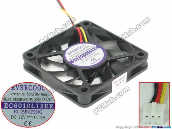 Picture of EverCool EC6010L12ER  Server - Square Fan 12V0.14A, sq60x60x10mm, 3W