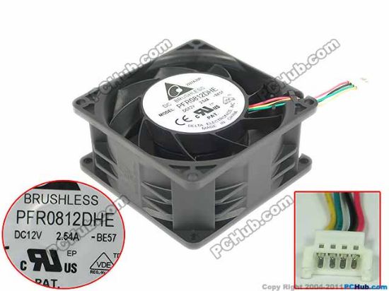 Picture of Delta Electronics PFR0812DHE Server - Square Fan BE57, sq80x80x38mm, 4-wire, 12V 2.54A
