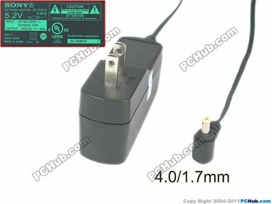 Picture of Sony Common Item (Sony) AC Adapter 5V-12V 5.2V 1.25A, Barrel 4.0/1.7mm, US 2-Pin Plug
