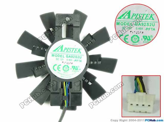 Picture of APISTEK / Rotek GA92S2U Server - Frameless / GPU Fan PFTA, 12V 0.46A, W80x4x4, D87xC3 Holes, Black
