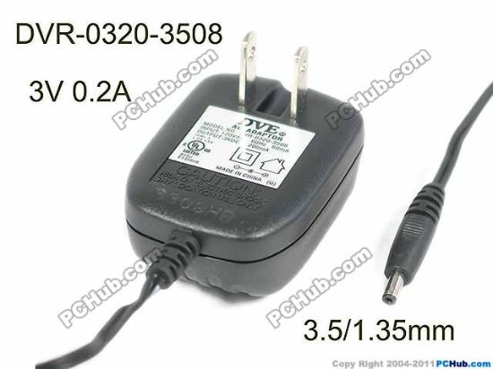 Picture of DVE DVR-0320-3508 AC Adapter 5V-12V 3V 0.2A, 3.5/1.35mm, US 2P Plug, New