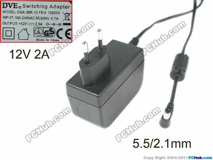 Picture of DVE DSA-20R-12 AC Adapter - NEW Original 12V 2A, 5.5/2.1mm, EU 2-Pin