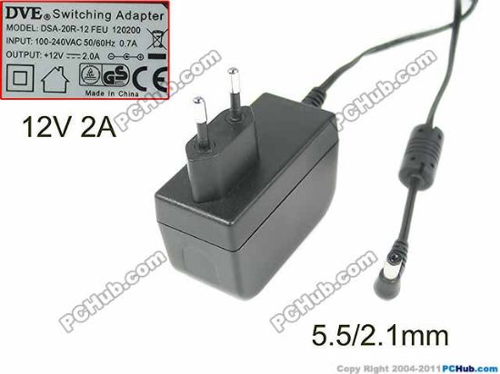 Picture of DVE DSA-20R-12 AC Adapter - NEW Original 12V 2A, 5.5/2.1mm, EU 2-Pin