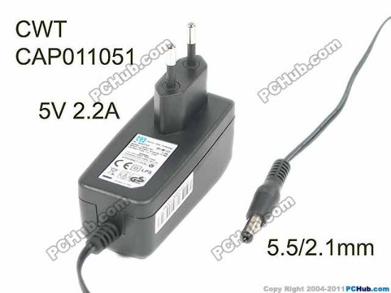 Picture of CWT / Channel Well Technology CAP011051 AC Adapter 5V-12V 5V 2.2A, 5.5/2.1mm, EU 2P Plug, New