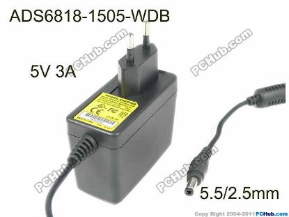 Picture of UPH EU Plug AC Adapter 5V-12V 5V 3A, Barrel 5.5/2.5mm, EU 2-Pin Plug, ADS6818-15