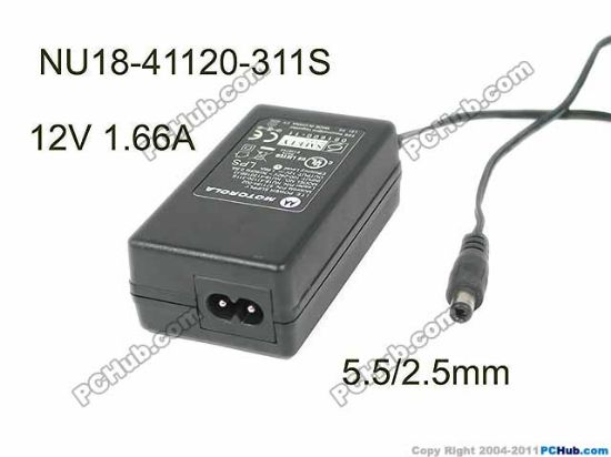 Picture of Motorola NU18-4120166-I3 AC Adapter 5V-12V 12V 1.66A, Barrel 5.5/2.1mm, 2-Prong
