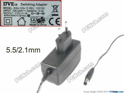 Picture of DVE DSA-12G-12 AC Adapter 5V-12V DSA-15G-12, 12V 1A, Barrel 5.5/2.1mm, EU 2-Pin Plu