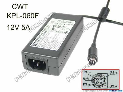 Picture of CWT / Channel Well Technology KPL-060F AC Adapter 12V 5A, 4-Pin Din, IEC C14, Input Current AC 110V-220V