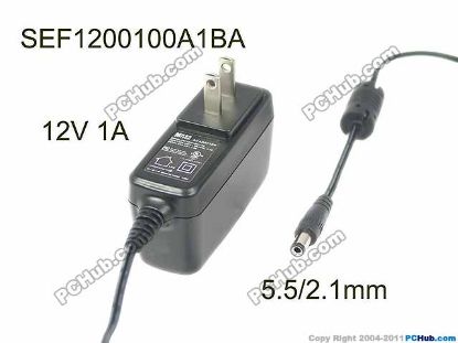 Picture of Mass Power SEF1200100A1BA AC Adapter 5V-12V 12V 1A, 5.5/2.1mm, US 2P Plug, New