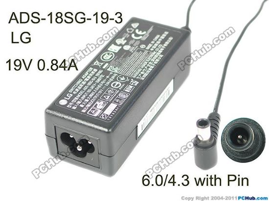 Picture of LG AC Adapter (LG) AC Adapter- Laptop ADS-18SG-19-3, 19V 0.84A, 6.0/4.3, Barrel WP, 3P ,