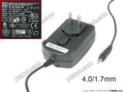 Picture of PHIHONG PSC11R-050 AC Adapter 5V-12V 5V 2A, Barrel 4.0/1.7mm, US 2-Pin Plug