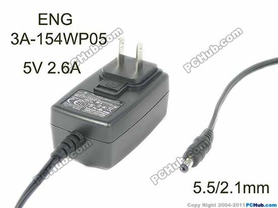 Picture of ENG 3A-154WP05 AC Adapter 5V-12V 5V 2.6A, Barrel 5.5/2.1mm, US 2-Pin Plug